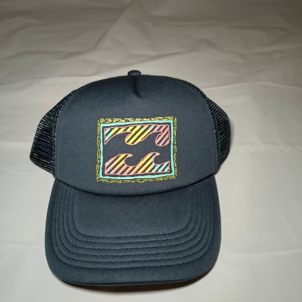 Billabong Mens Navy Blue Mesh Trucker Hat Snapback Retro Wave Logo Patch Cap